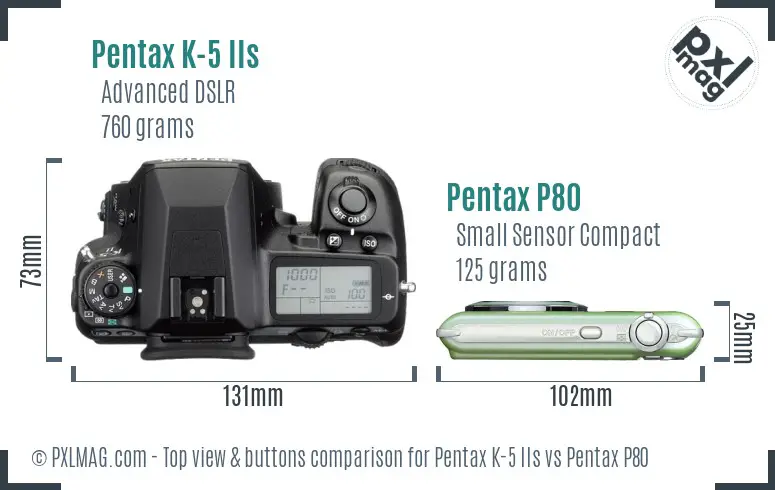Pentax K-5 IIs vs Pentax P80 top view buttons comparison