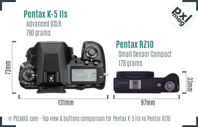 Pentax K-5 IIs vs Pentax RZ10 top view buttons comparison