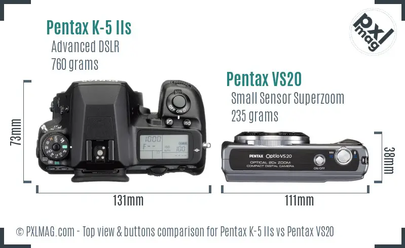 Pentax K-5 IIs vs Pentax VS20 top view buttons comparison