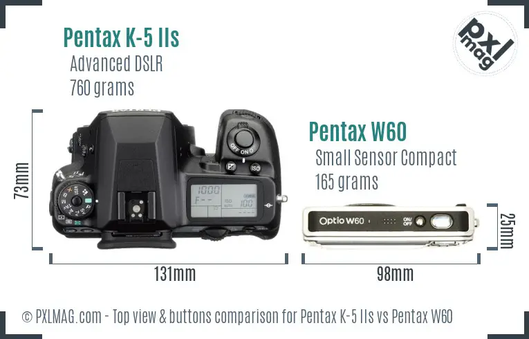 Pentax K-5 IIs vs Pentax W60 top view buttons comparison