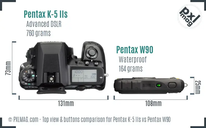 Pentax K-5 IIs vs Pentax W90 top view buttons comparison