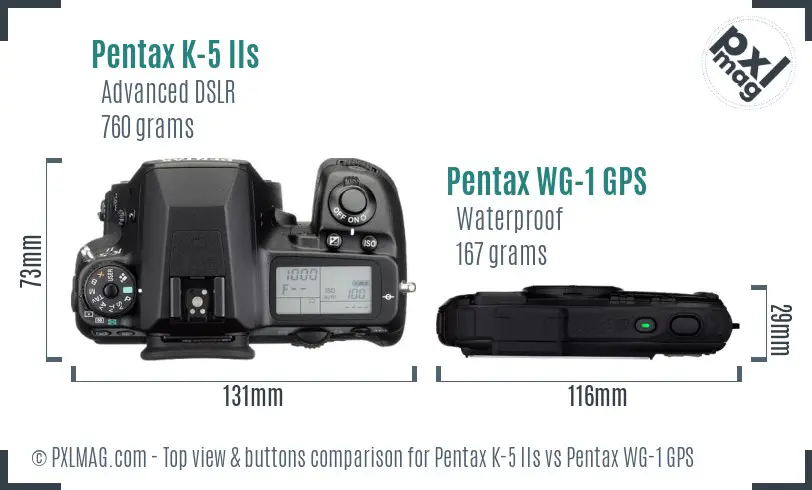 Pentax K-5 IIs vs Pentax WG-1 GPS top view buttons comparison