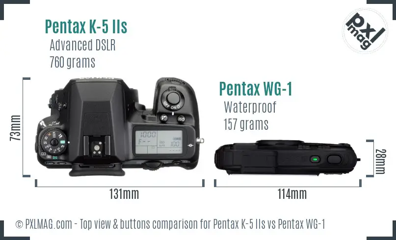 Pentax K-5 IIs vs Pentax WG-1 top view buttons comparison