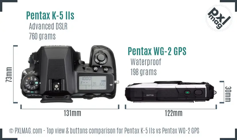 Pentax K-5 IIs vs Pentax WG-2 GPS top view buttons comparison