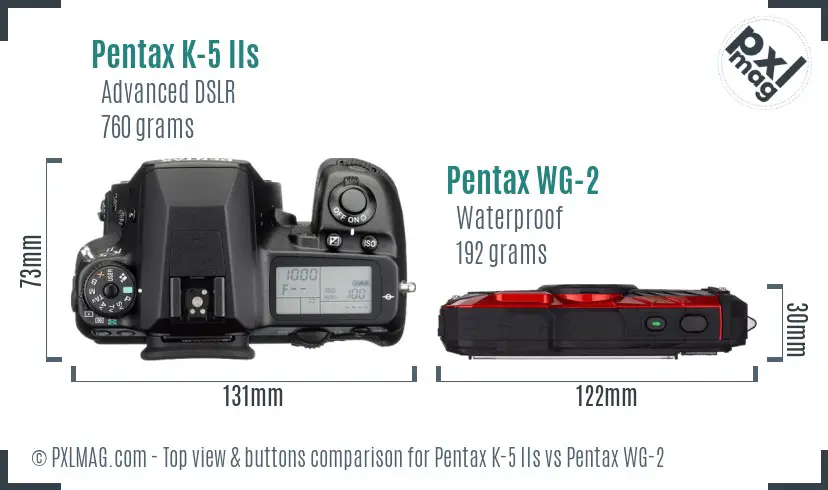 Pentax K-5 IIs vs Pentax WG-2 top view buttons comparison
