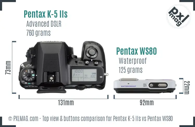 Pentax K-5 IIs vs Pentax WS80 top view buttons comparison