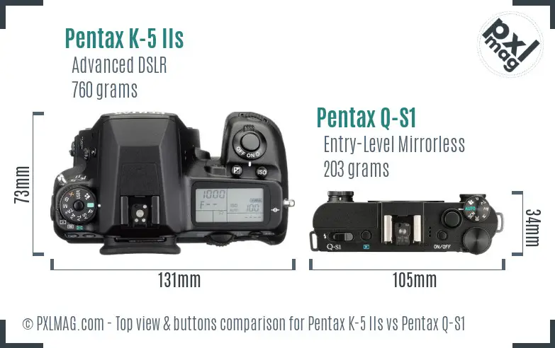 Pentax K-5 IIs vs Pentax Q-S1 top view buttons comparison