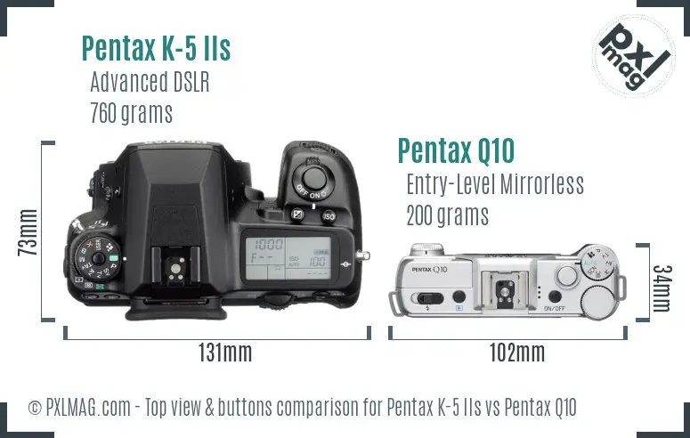 Pentax K-5 IIs vs Pentax Q10 top view buttons comparison