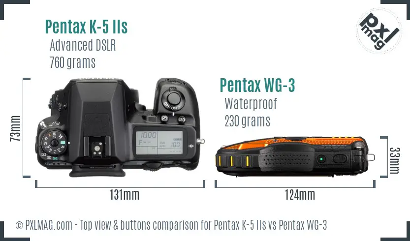 Pentax K-5 IIs vs Pentax WG-3 top view buttons comparison