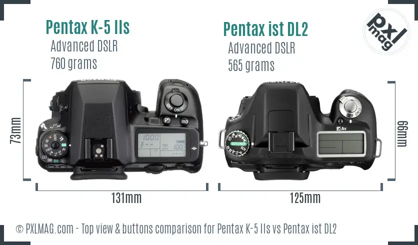 Pentax K-5 IIs vs Pentax ist DL2 top view buttons comparison