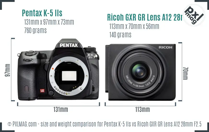 Pentax K-5 IIs vs Ricoh GXR GR Lens A12 28mm F2.5 size comparison Pentax K-5 IIs vs Ricoh GXR GR Lens A12 28mm F2.5 size comparison