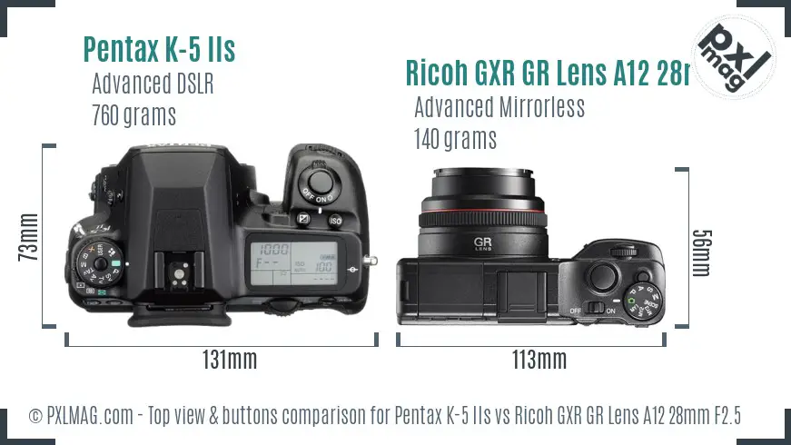 Pentax K-5 IIs vs Ricoh GXR GR Lens A12 28mm F2.5 top view buttons comparison Pentax K-5 IIs vs Ricoh GXR GR Lens A12 28mm F2.5 top view buttons comparison