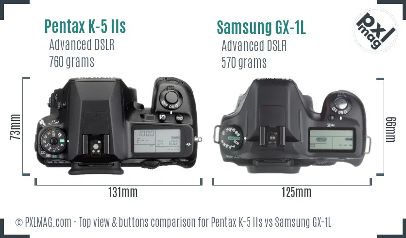 Pentax K-5 IIs vs Samsung GX-1L top view buttons comparison
