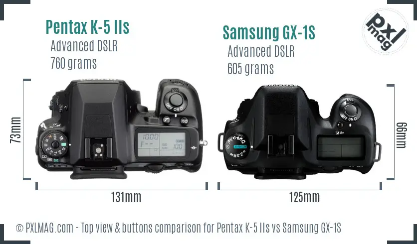 Pentax K-5 IIs vs Samsung GX-1S top view buttons comparison