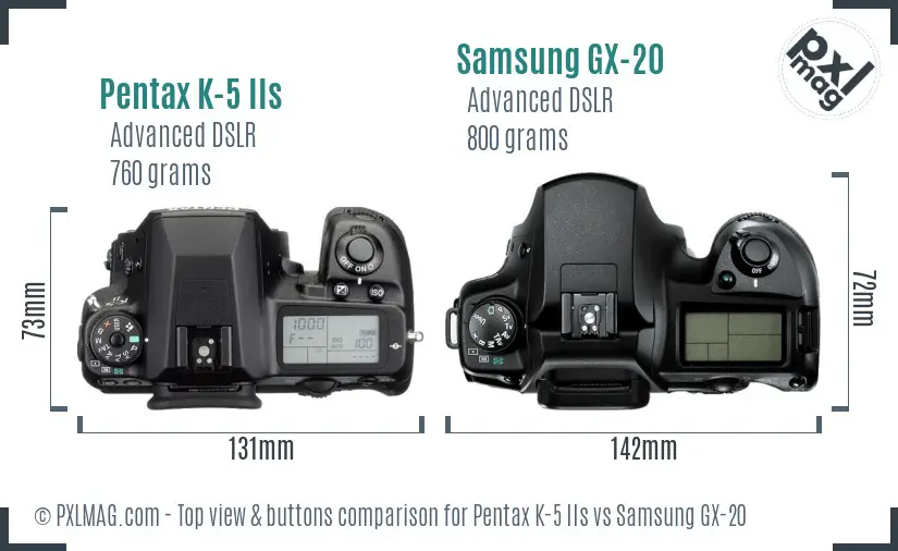 Pentax K-5 IIs vs Samsung GX-20 top view buttons comparison