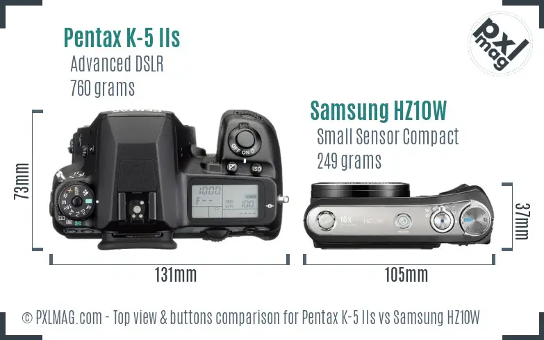Pentax K-5 IIs vs Samsung HZ10W top view buttons comparison