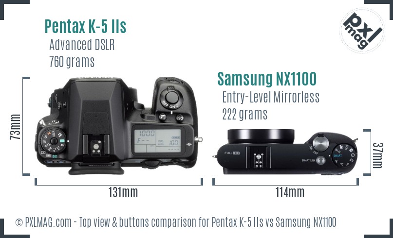 Pentax K-5 IIs vs Samsung NX1100 top view buttons comparison
