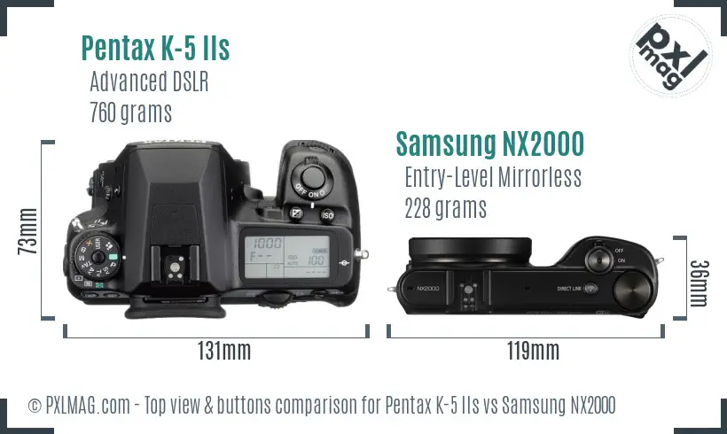Pentax K-5 IIs vs Samsung NX2000 top view buttons comparison Pentax K-5 IIs vs Samsung NX2000 top view buttons comparison