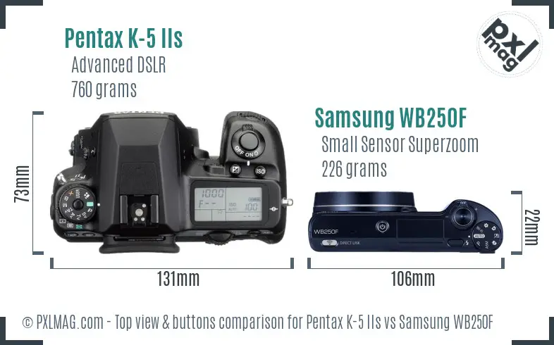 Pentax K-5 IIs vs Samsung WB250F top view buttons comparison