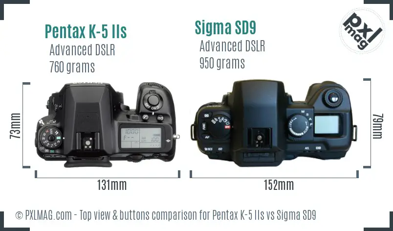 Pentax K-5 IIs vs Sigma SD9 top view buttons comparison