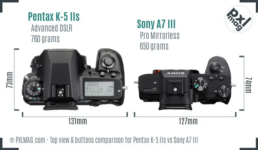 Pentax K-5 IIs vs Sony A7 III top view buttons comparison