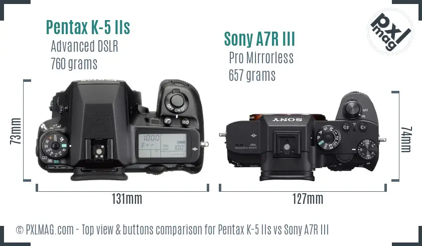 Pentax K-5 IIs vs Sony A7R III top view buttons comparison