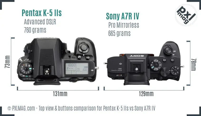 Pentax K-5 IIs vs Sony A7R IV top view buttons comparison