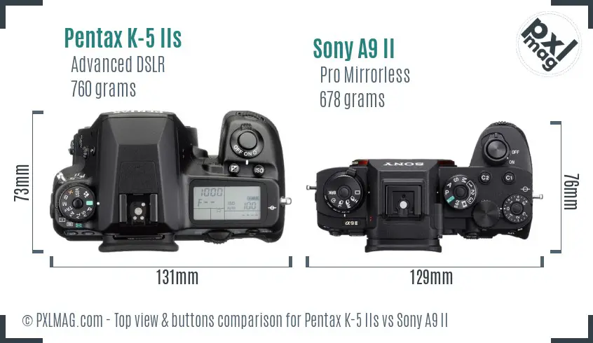 Pentax K-5 IIs vs Sony A9 II top view buttons comparison Pentax K-5 IIs vs Sony A9 II top view buttons comparison