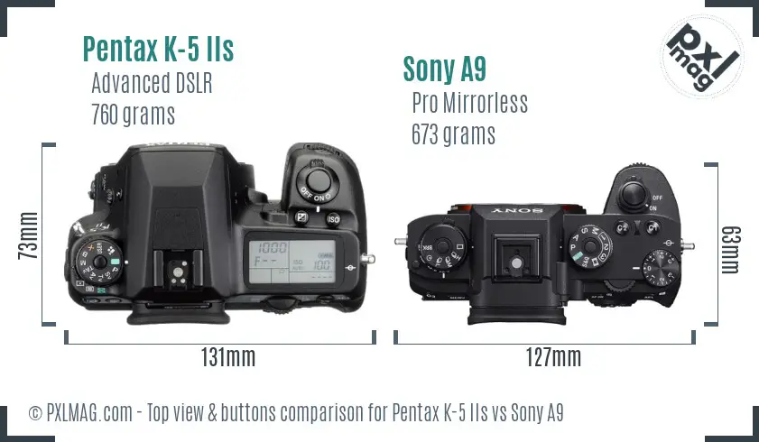 Pentax K-5 IIs vs Sony A9 top view buttons comparison