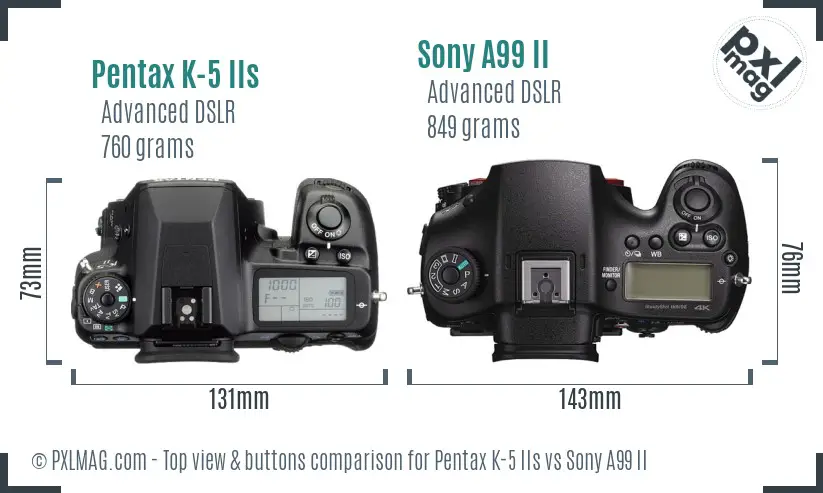 Pentax K-5 IIs vs Sony A99 II top view buttons comparison
