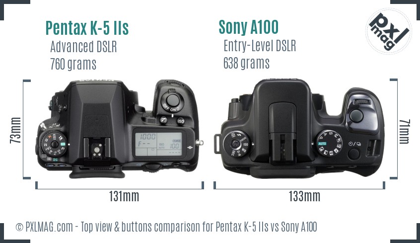 Pentax K-5 IIs vs Sony A100 top view buttons comparison