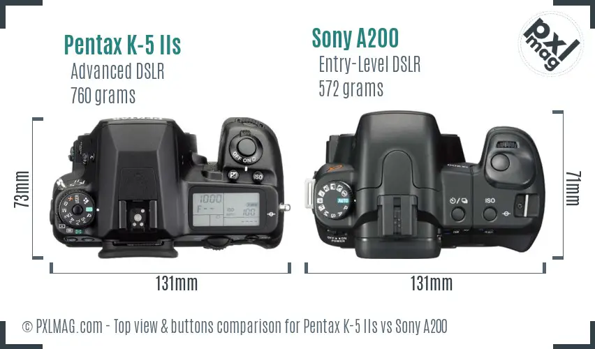 Pentax K-5 IIs vs Sony A200 top view buttons comparison