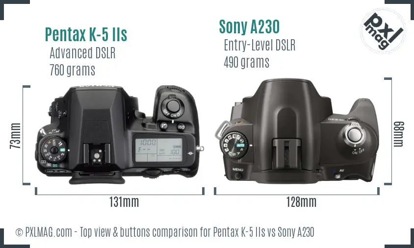 Pentax K-5 IIs vs Sony A230 top view buttons comparison