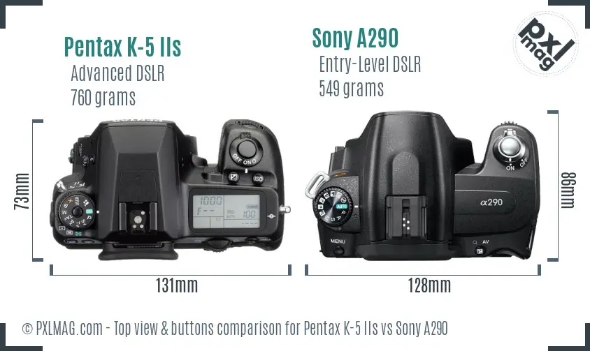 Pentax K-5 IIs vs Sony A290 top view buttons comparison