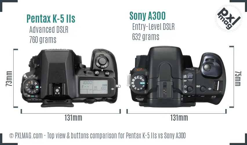 Pentax K-5 IIs vs Sony A300 top view buttons comparison Pentax K-5 IIs vs Sony A300 top view buttons comparison