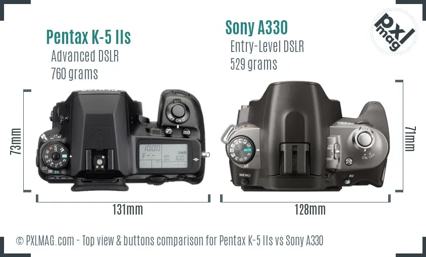 Pentax K-5 IIs vs Sony A330 top view buttons comparison Pentax K-5 IIs vs Sony A330 top view buttons comparison