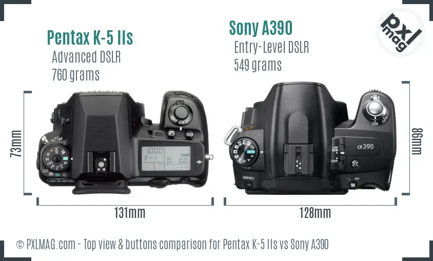 Pentax K-5 IIs vs Sony A390 top view buttons comparison