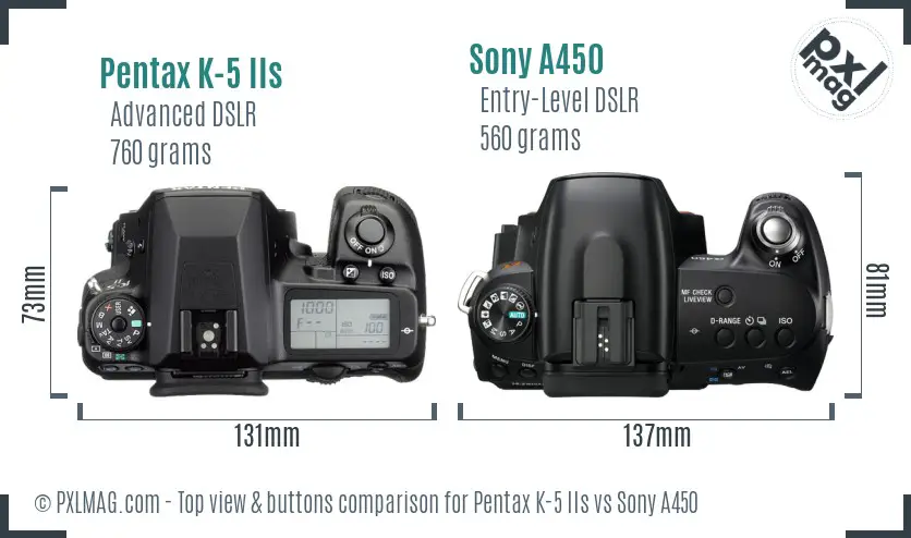 Pentax K-5 IIs vs Sony A450 top view buttons comparison