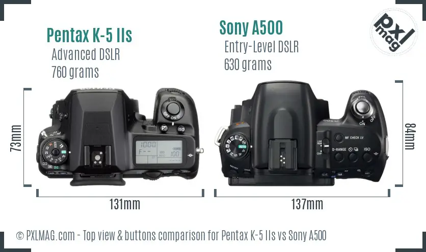 Pentax K-5 IIs vs Sony A500 top view buttons comparison