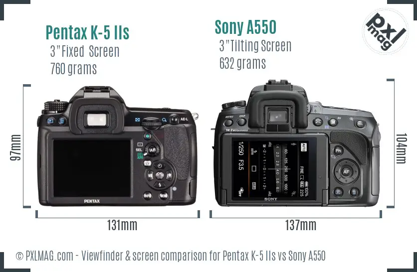 Pentax K-5 IIs vs Sony A550 Screen and Viewfinder comparison