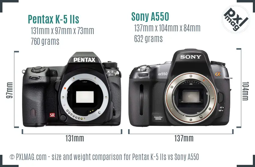 Pentax K-5 IIs vs Sony A550 size comparison