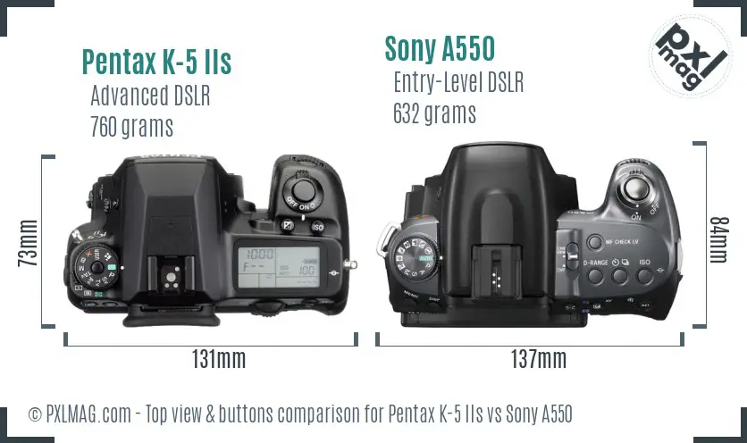 Pentax K-5 IIs vs Sony A550 top view buttons comparison