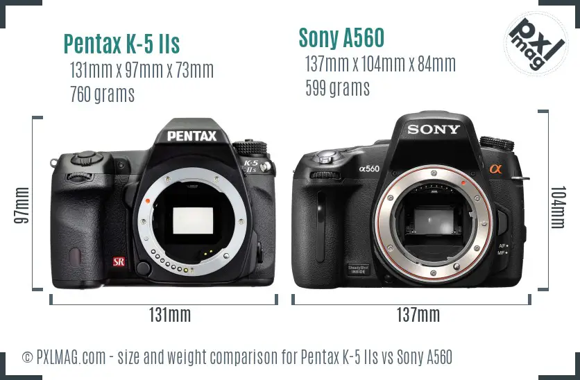 Pentax K-5 IIs vs Sony A560 size comparison Pentax K-5 IIs vs Sony A560 size comparison