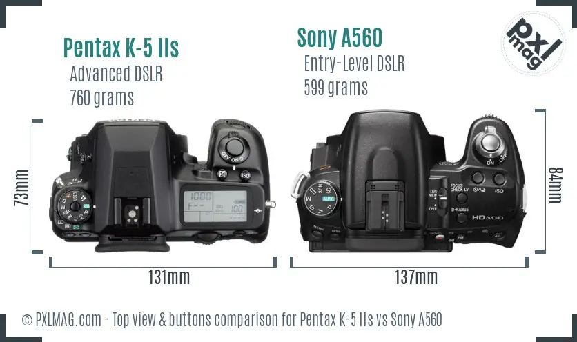 Pentax K-5 IIs vs Sony A560 top view buttons comparison