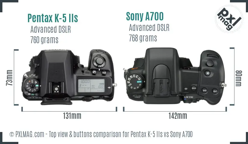 Pentax K-5 IIs vs Sony A700 top view buttons comparison