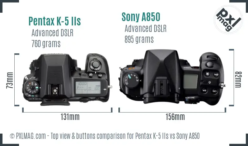 Pentax K-5 IIs vs Sony A850 top view buttons comparison