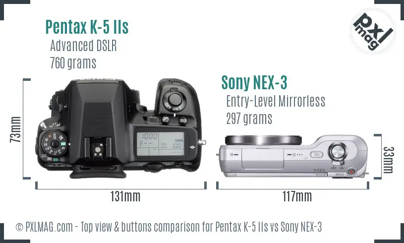 Pentax K-5 IIs vs Sony NEX-3 top view buttons comparison Pentax K-5 IIs vs Sony NEX-3 top view buttons comparison