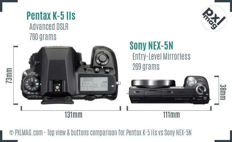 Pentax K-5 IIs vs Sony NEX-5N top view buttons comparison