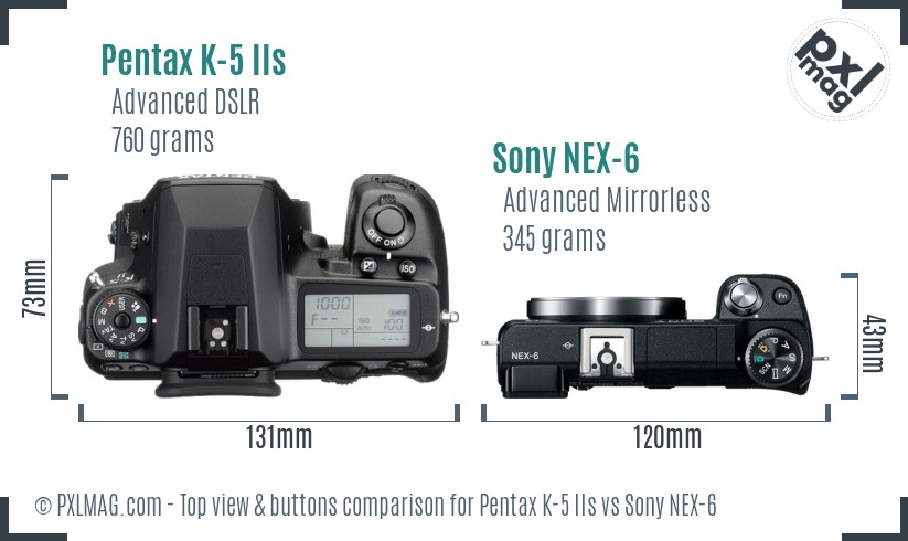Pentax K-5 IIs vs Sony NEX-6 top view buttons comparison