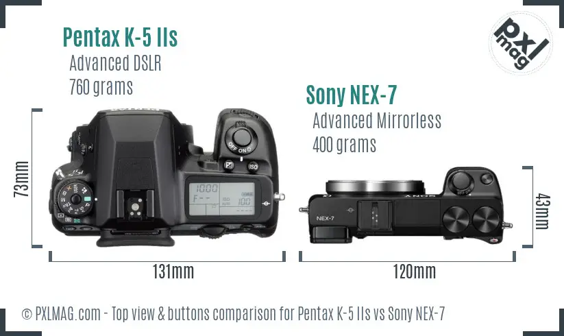 Pentax K-5 IIs vs Sony NEX-7 top view buttons comparison Pentax K-5 IIs vs Sony NEX-7 top view buttons comparison
